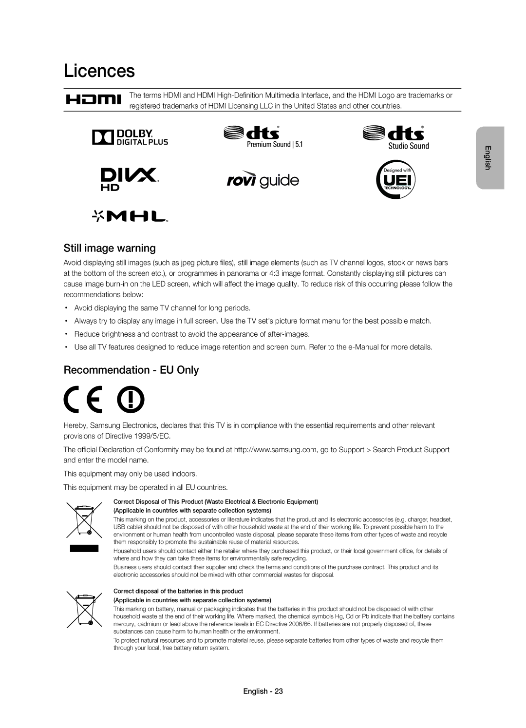 Samsung UE55HU8700TXRU, UE65HU8700TXRU, UE55HU8700TXUZ, UE65HU8700TXUZ Licences, Still image warning, Recommendation EU Only 