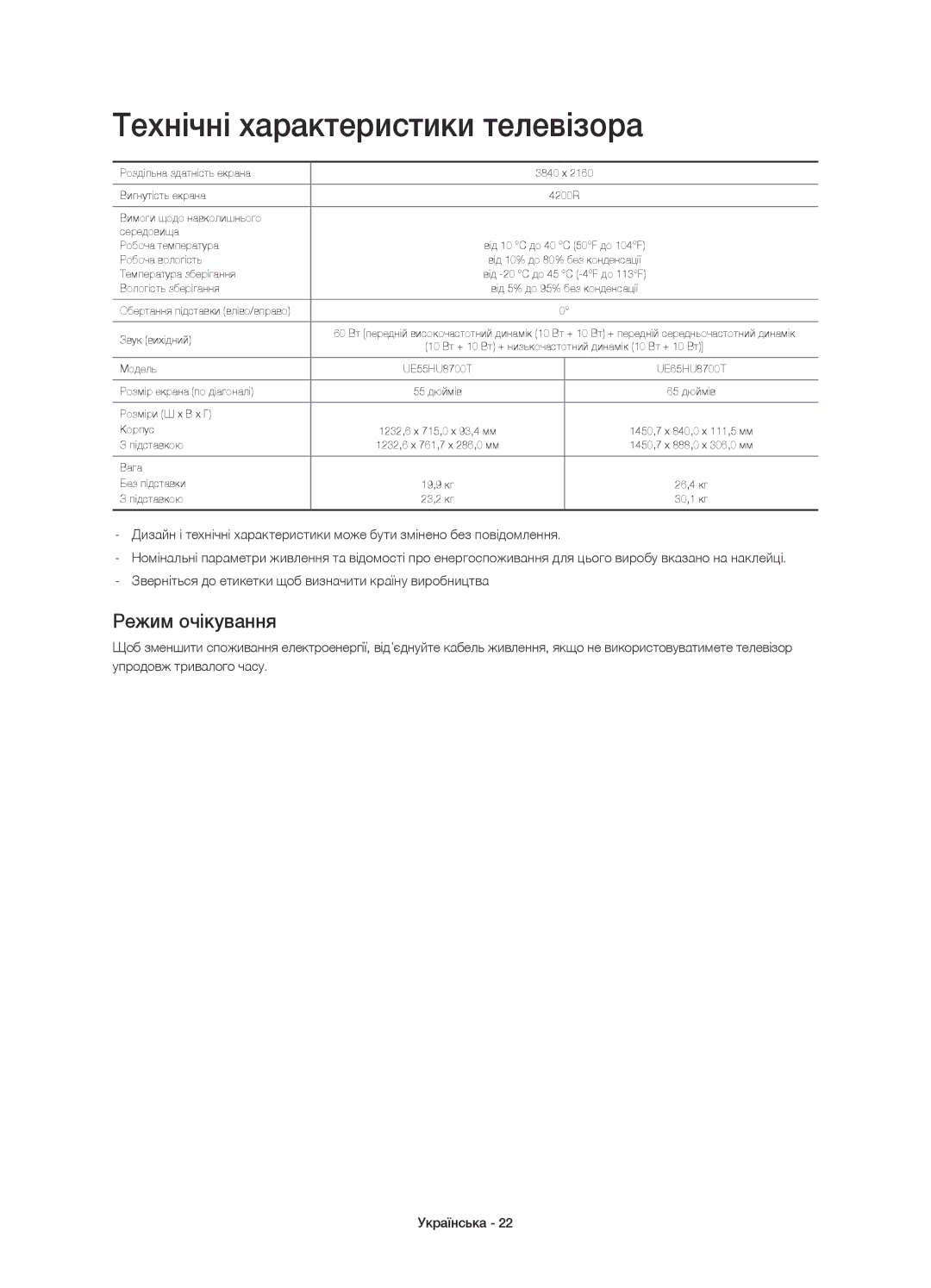 Samsung UE55HU8700TXUZ, UE65HU8700TXRU, UE65HU8700TXUZ, UE55HU8700TXRU Технічні характеристики телевізора, Режим очікування 