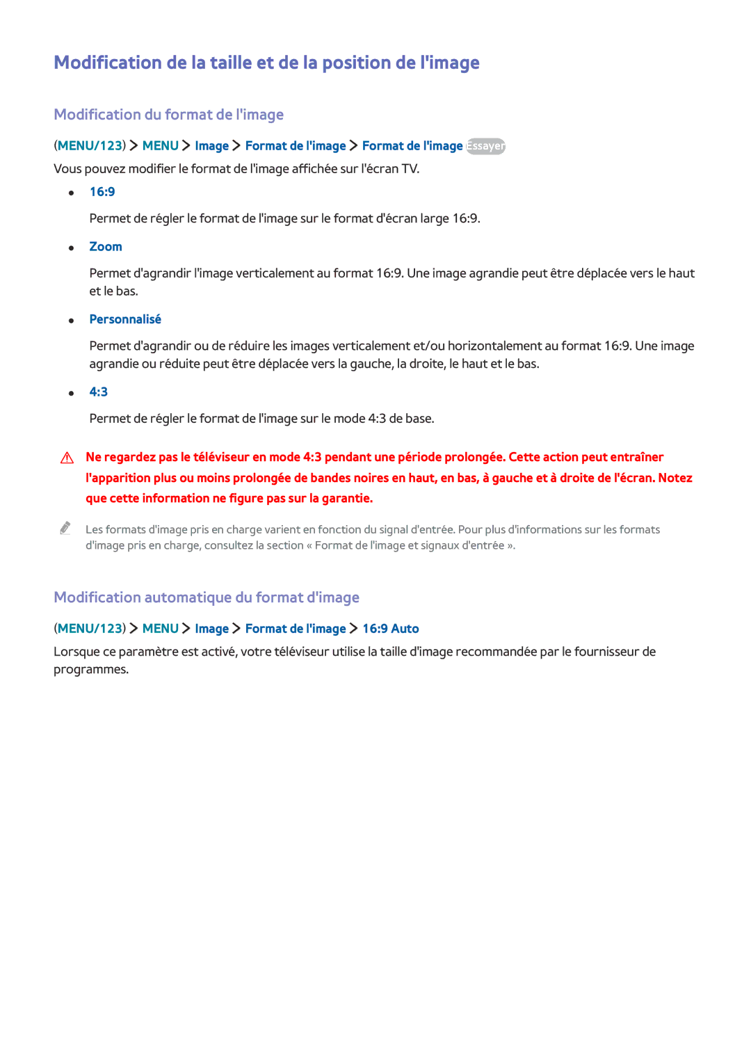 Samsung UE48J5600AWXZF manual Modification de la taille et de la position de limage, Modification du format de limage 