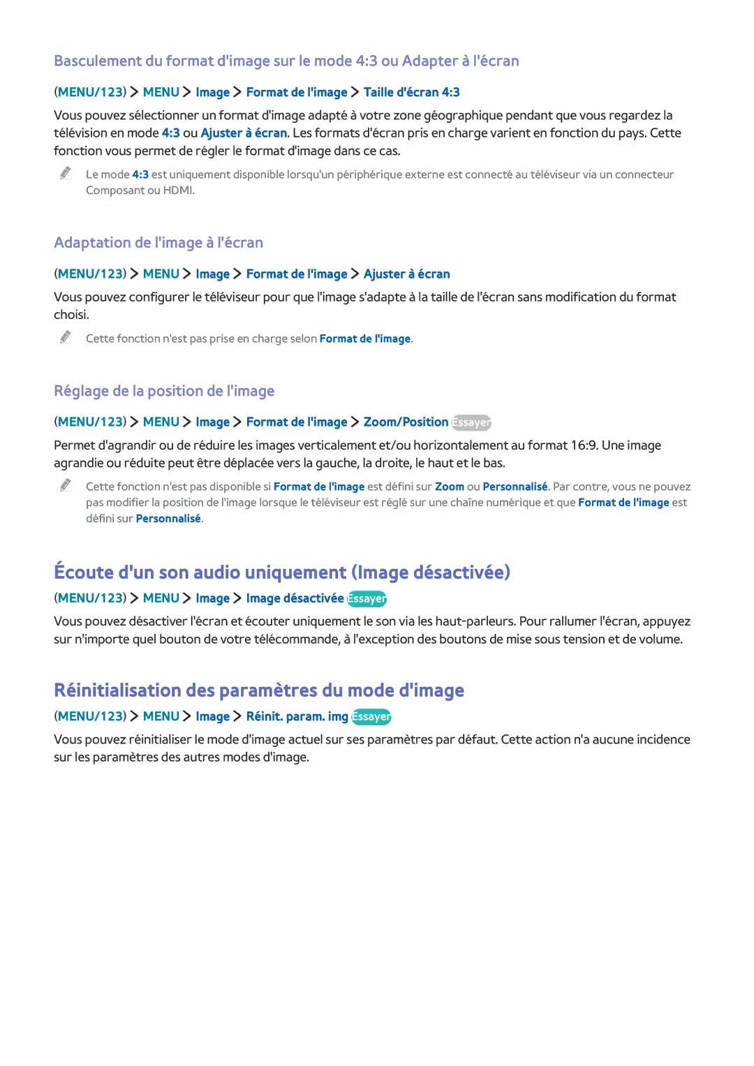 Samsung UE48J6300AWXZF Écoute dun son audio uniquement Image désactivée, Réinitialisation des paramètres du mode dimage 