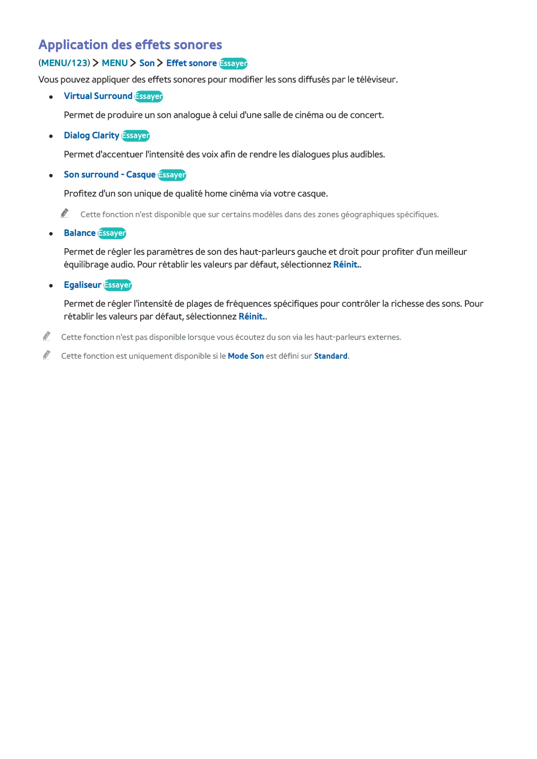 Samsung UE32J5500AWXZF, UE65J6250AKXZF, UE48J5600AWXZF, UE48J6300AWXZF, UE40J6300AWXZF manual Application des effets sonores 