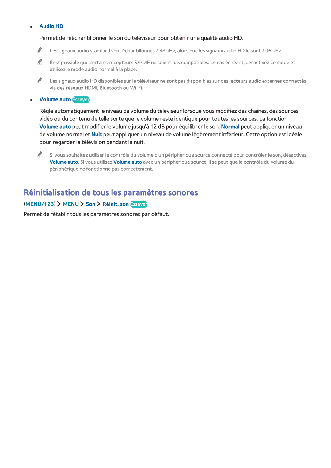 Samsung UE50J5500AWXZF, UE65J6250AKXZF manual Réinitialisation de tous les paramètres sonores, Audio HD, Volume auto Essayer 