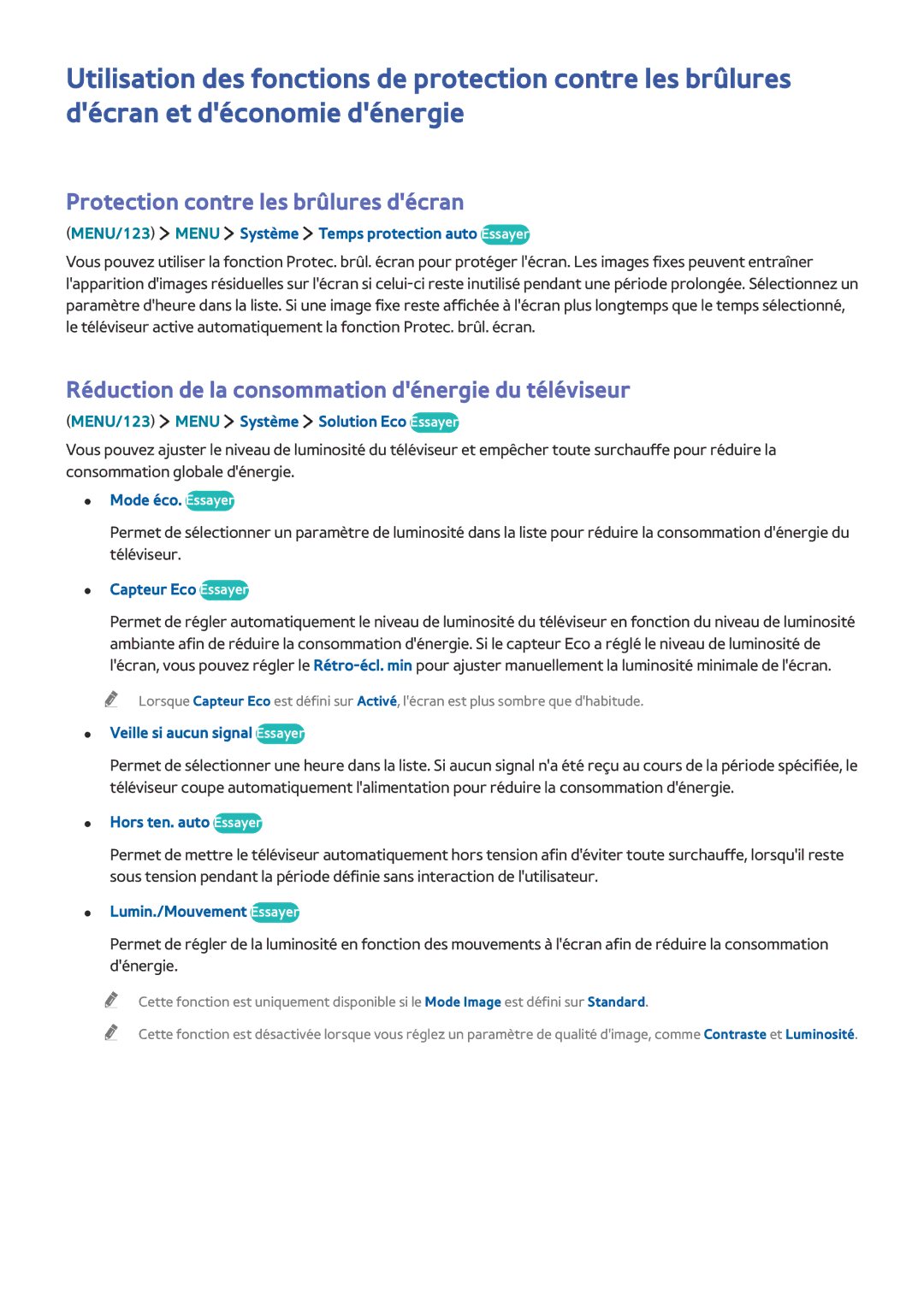 Samsung UE60J6240AKXZF manual Protection contre les brûlures décran, Réduction de la consommation dénergie du téléviseur 