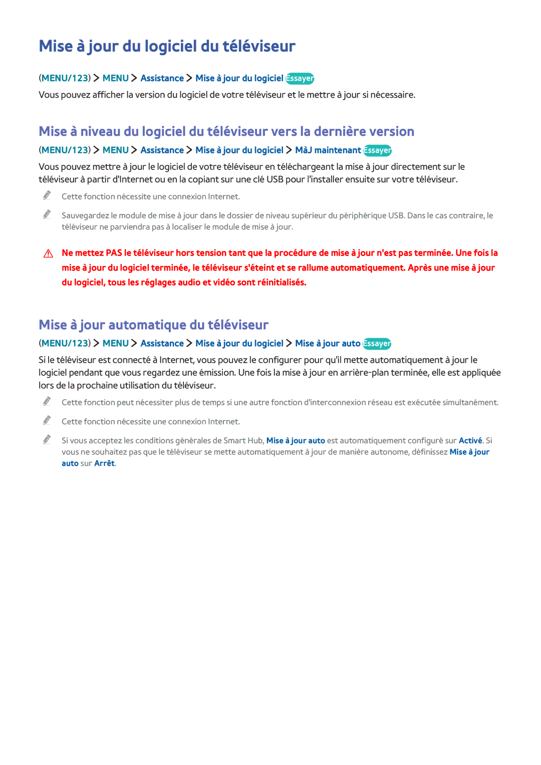 Samsung UE40J6240AKXZF, UE65J6250AKXZF manual Mise à jour du logiciel du téléviseur, Mise à jour automatique du téléviseur 