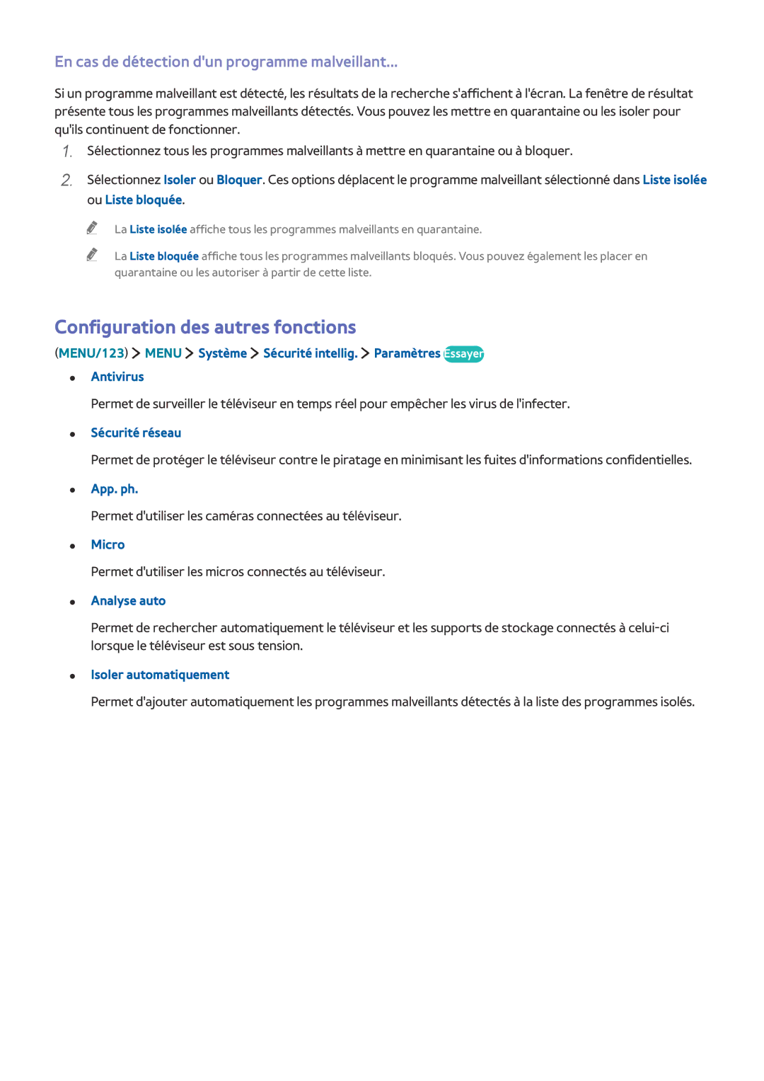 Samsung UE48J6200AWXZF, UE65J6250AKXZF Configuration des autres fonctions, En cas de détection dun programme malveillant 