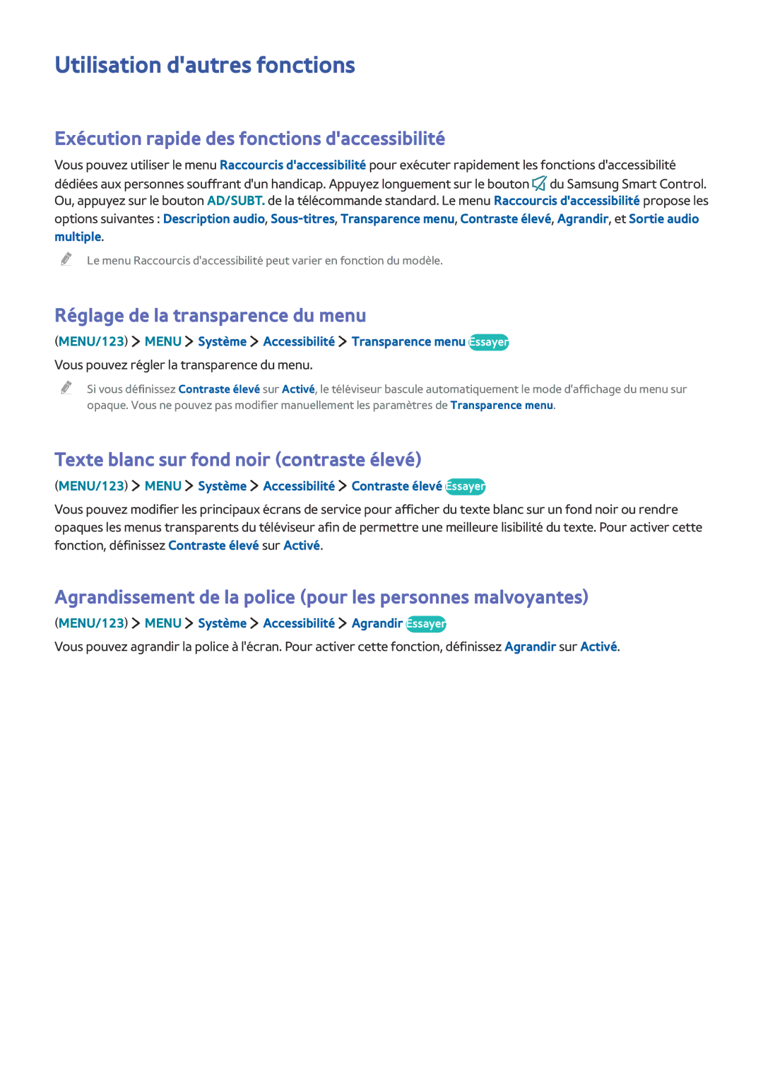 Samsung UE55J6240AKXZF, UE65J6250AKXZF manual Utilisation dautres fonctions, Exécution rapide des fonctions daccessibilité 