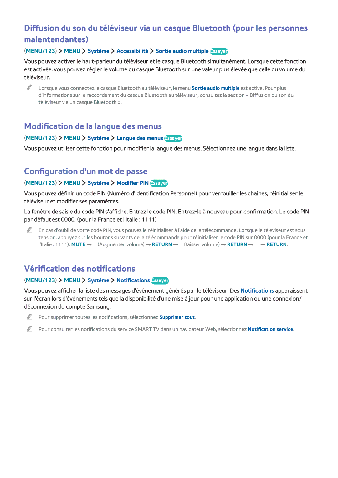 Samsung UE60J6200AWXZF Modification de la langue des menus, Configuration dun mot de passe, Vérification des notifications 