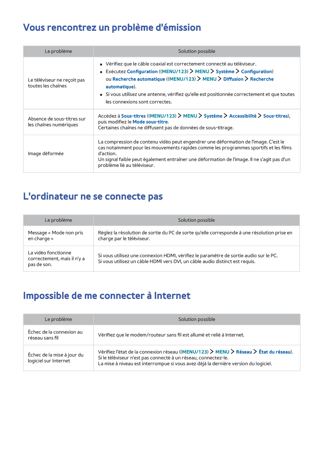 Samsung UE60J6240AKXZF, UE65J6250AKXZF manual Vous rencontrez un problème démission, Lordinateur ne se connecte pas 