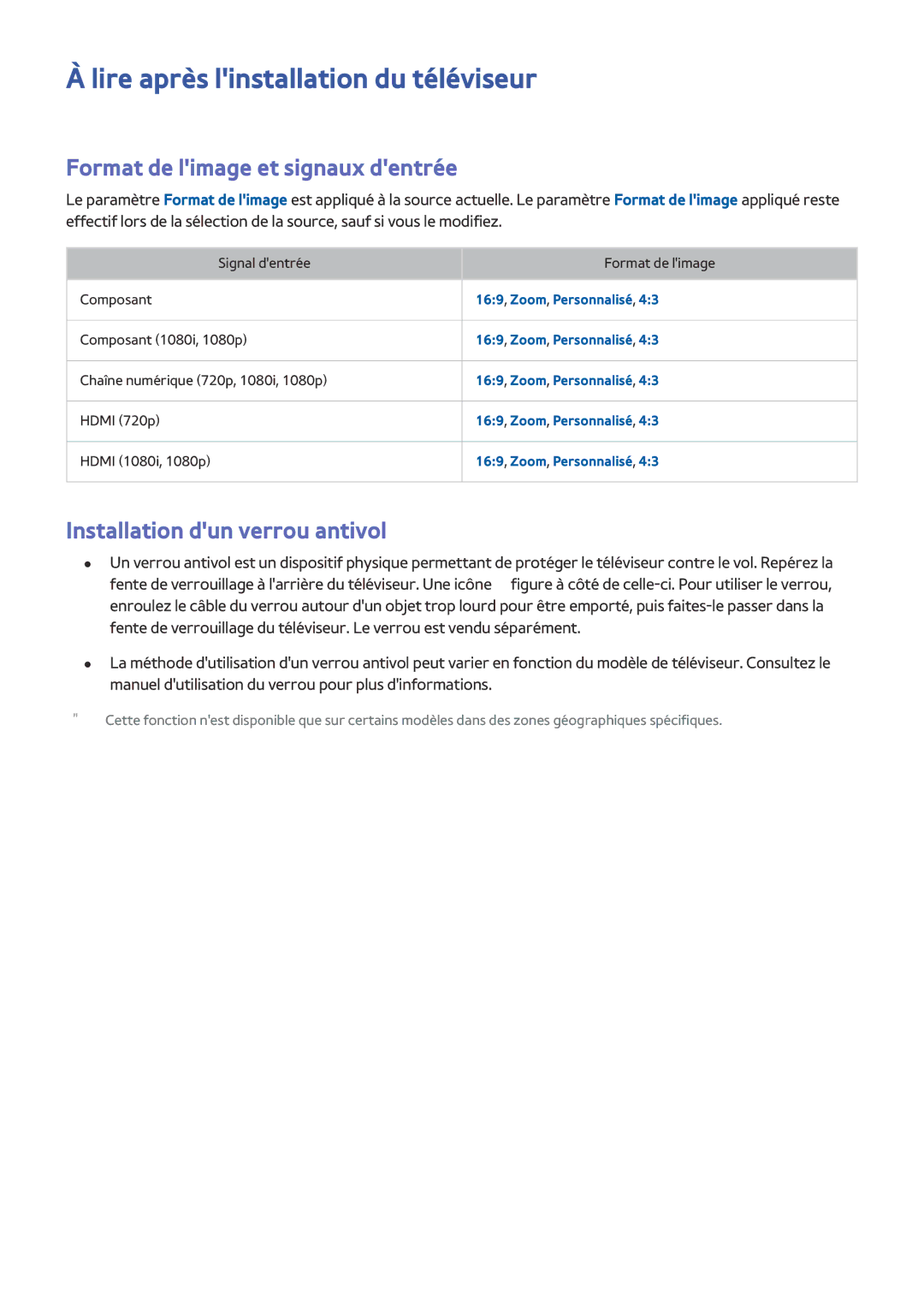 Samsung UE50J6240AKXZF, UE65J6250AKXZF manual Lire après linstallation du téléviseur, Format de limage et signaux dentrée 