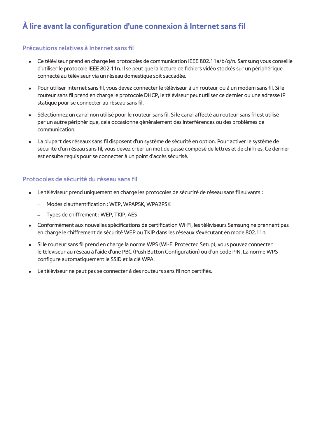 Samsung UE60J6240AKXZF manual Précautions relatives à Internet sans fil, Protocoles de sécurité du réseau sans fil 