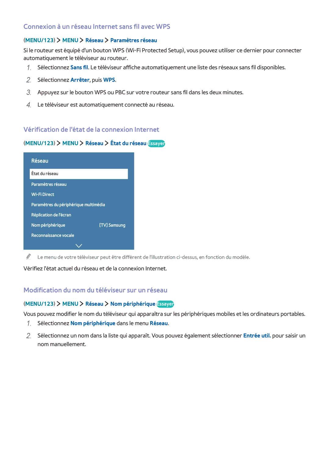 Samsung UE48J6200AWXZF Connexion à un réseau Internet sans fil avec WPS, Vérification de létat de la connexion Internet 