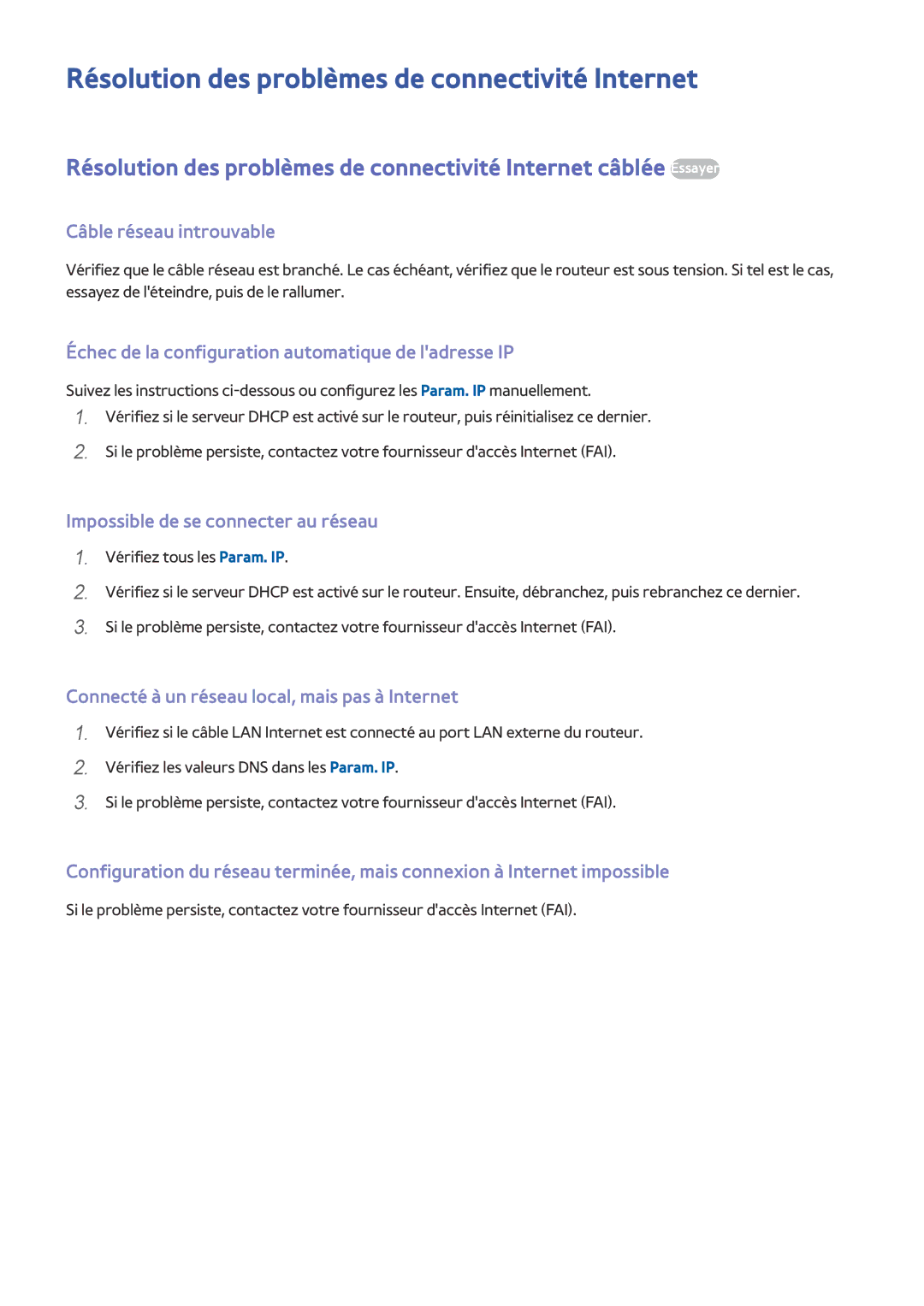 Samsung UE60J6200AWXZF, UE65J6250AKXZF manual Résolution des problèmes de connectivité Internet, Câble réseau introuvable 