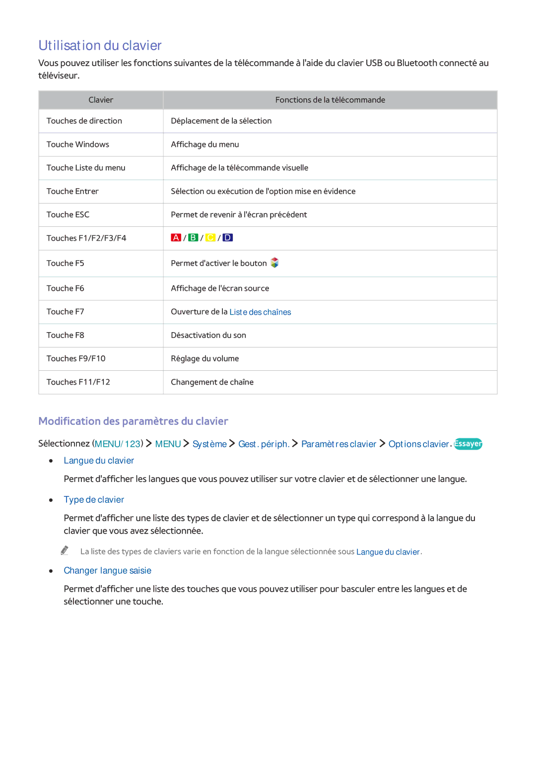 Samsung UE48J5600AWXZF, UE65J6250AKXZF Utilisation du clavier, Modification des paramètres du clavier, Type de clavier 