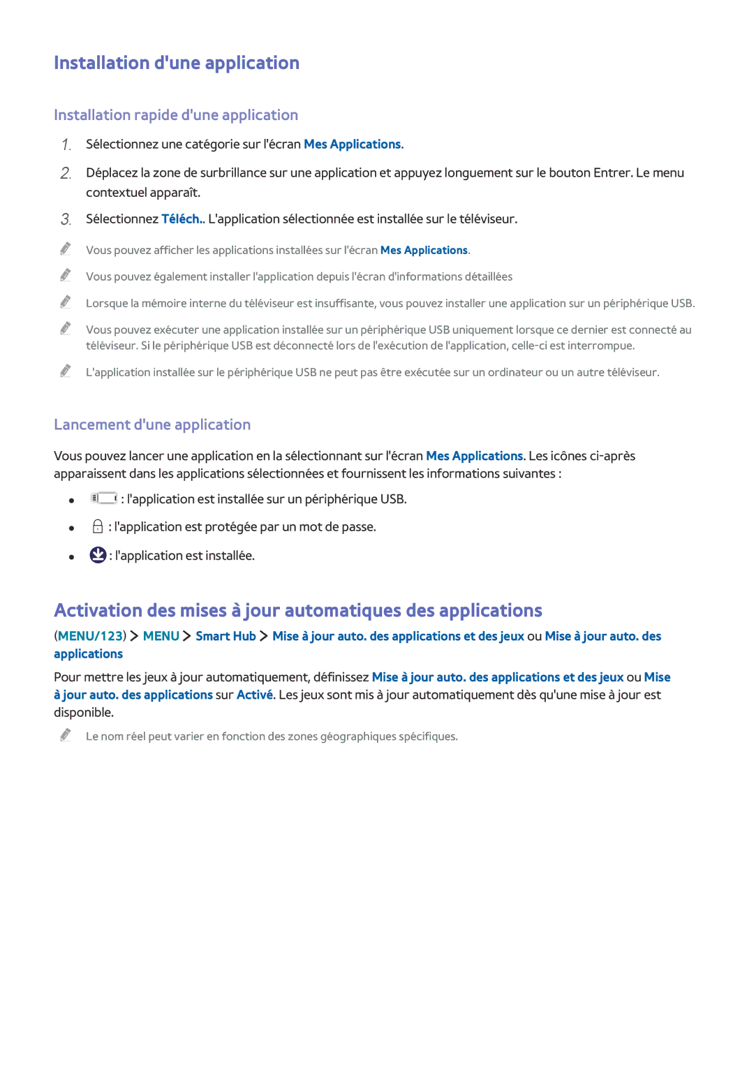 Samsung UE60J6240AKXZF manual Installation dune application, Activation des mises à jour automatiques des applications 