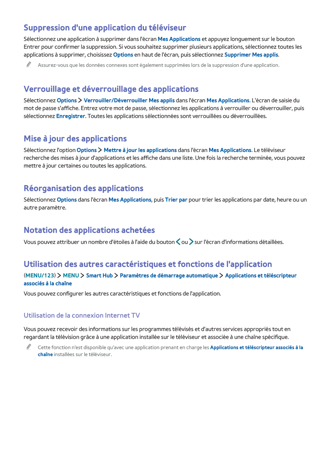 Samsung UE50J6200AWXZF manual Suppression dune application du téléviseur, Verrouillage et déverrouillage des applications 