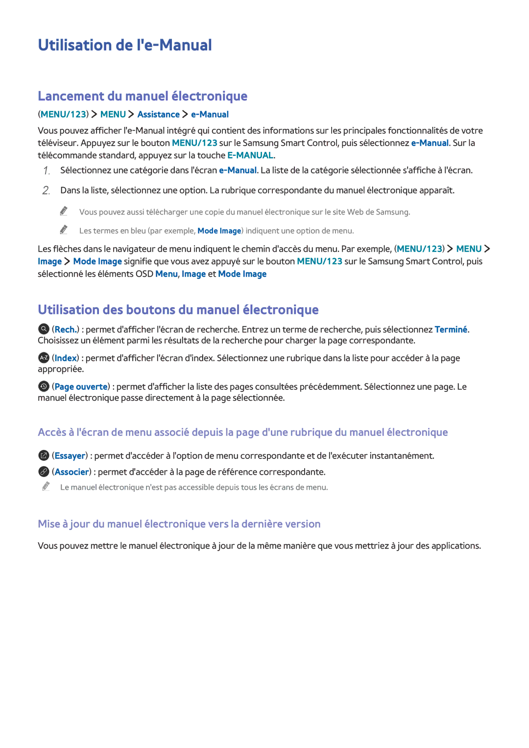 Samsung UE43J5500AWXZF manual Utilisation de le-Manual, Lancement du manuel électronique, MENU/123 Menu Assistance e-Manual 