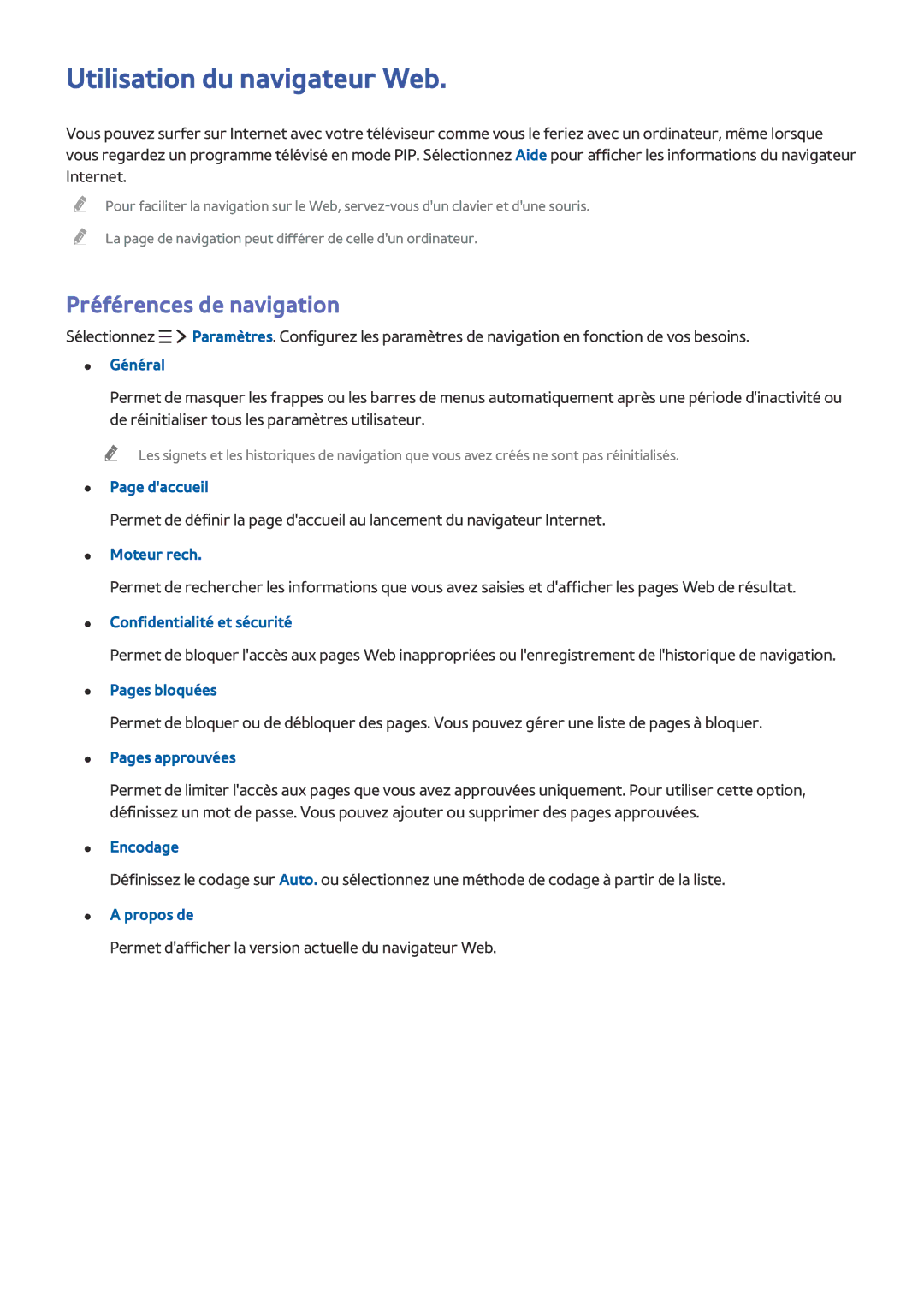 Samsung UE40J6240AKXZF, UE65J6250AKXZF, UE48J5600AWXZF manual Utilisation du navigateur Web, Préférences de navigation 