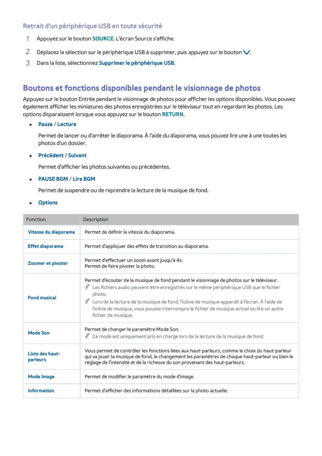 Samsung UE55J6240AKXZF manual Retrait dun périphérique USB en toute sécurité, Pause / Lecture, Précédent / Suivant 