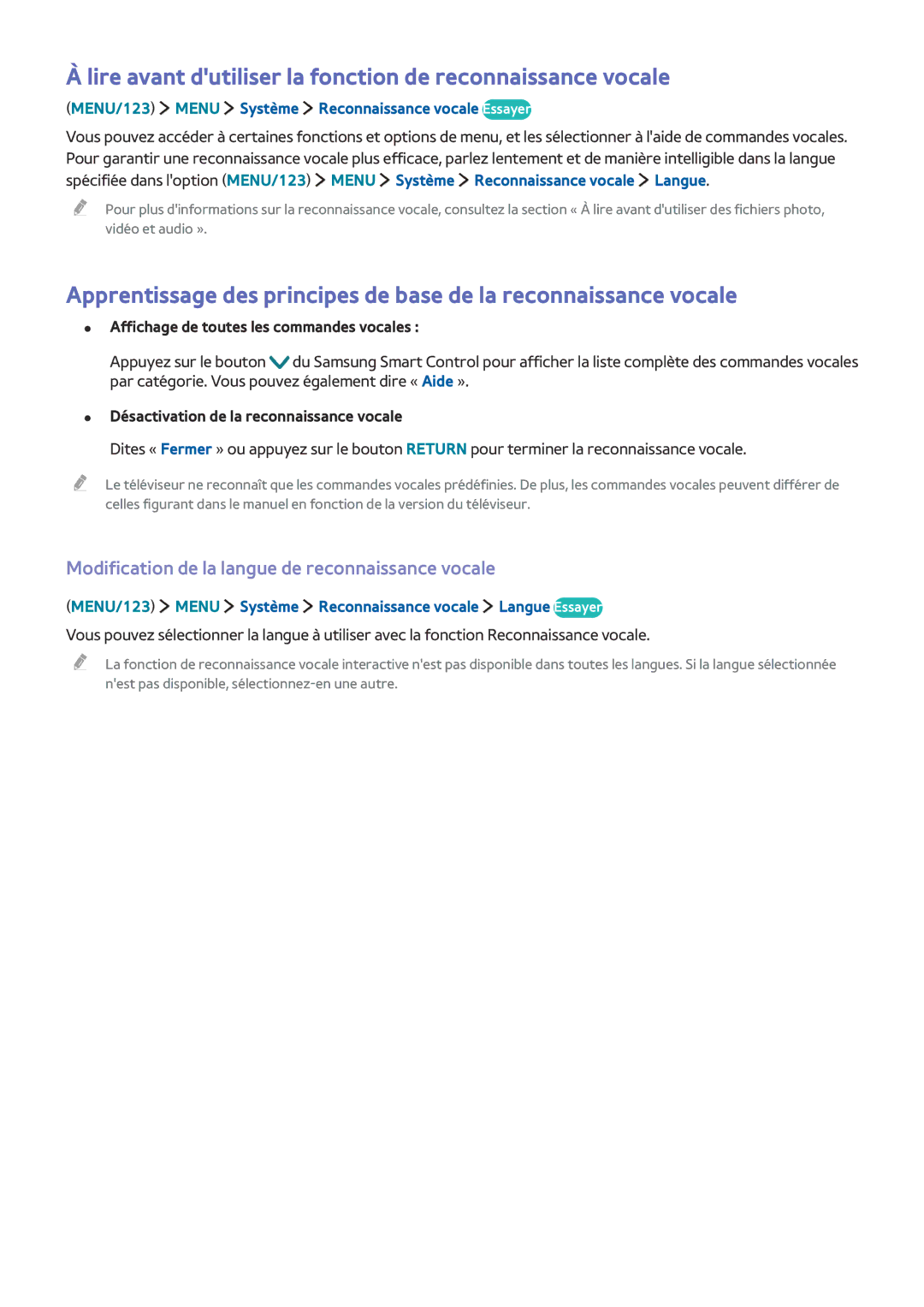Samsung UE40J5510AWXZF, UE65J6250AKXZF, UE48J5600AWXZF manual Lire avant dutiliser la fonction de reconnaissance vocale 