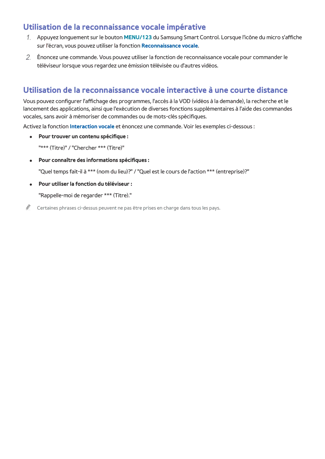 Samsung UE48J5510AWXZF manual Utilisation de la reconnaissance vocale impérative, Pour trouver un contenu spécifique 