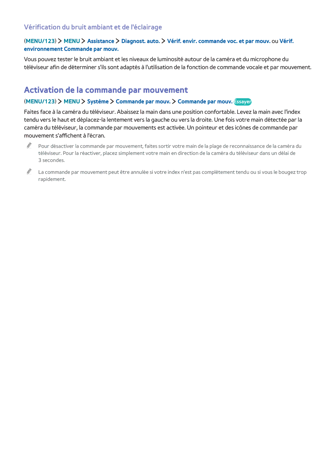 Samsung UE55J6300AWXZF manual Activation de la commande par mouvement, Vérification du bruit ambiant et de léclairage 