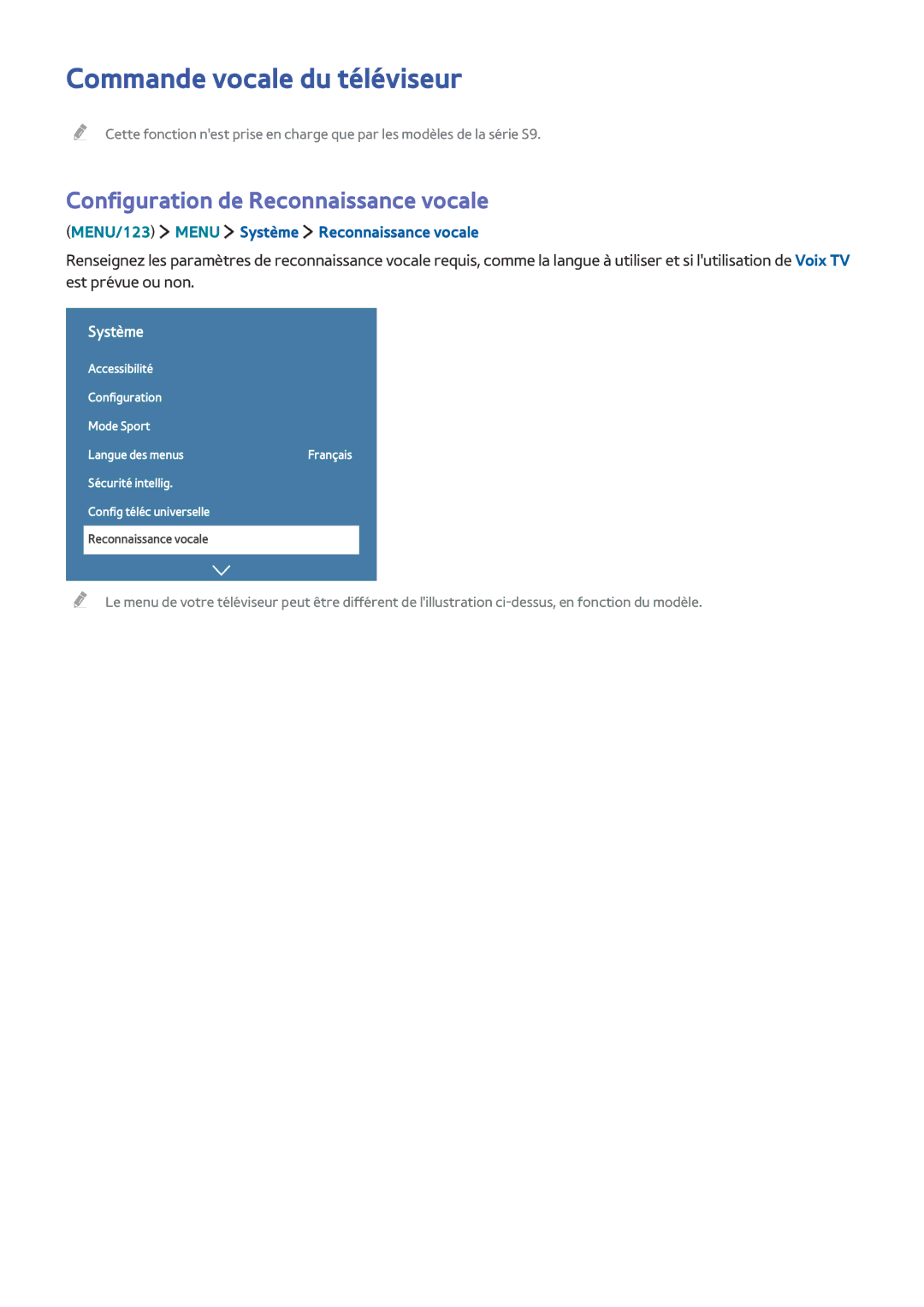 Samsung UE55J6300AWXZF, UE65J6250AKXZF manual Commande vocale du téléviseur, Configuration de Reconnaissance vocale 