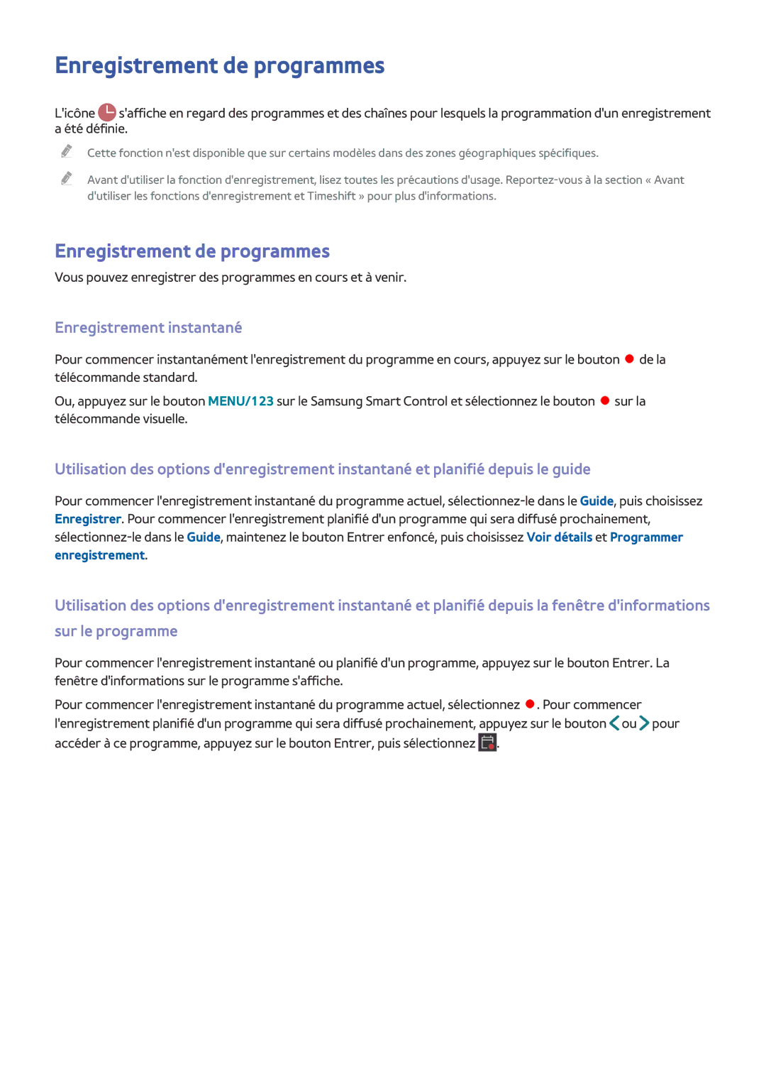 Samsung UE50J6200AWXZF, UE65J6250AKXZF, UE48J5600AWXZF manual Enregistrement de programmes, Enregistrement instantané 