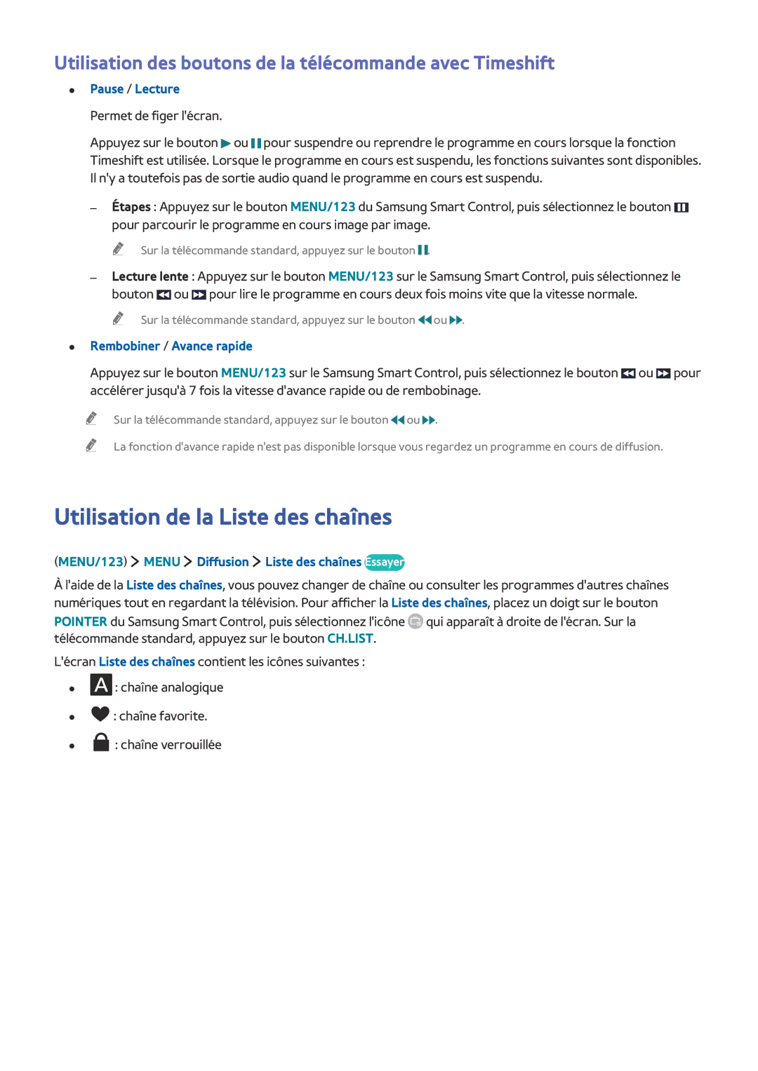 Samsung UE65J6250AKXZF Utilisation de la Liste des chaînes, Utilisation des boutons de la télécommande avec Timeshift 