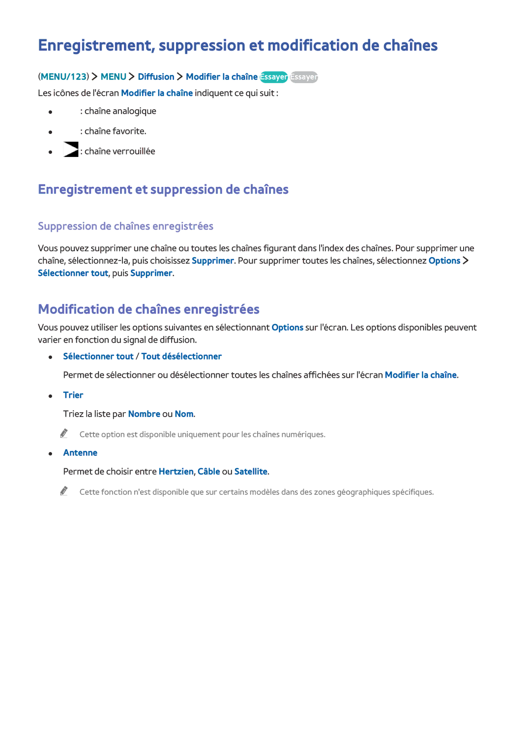 Samsung UE48J6300AWXZF Enregistrement, suppression et modification de chaînes, Enregistrement et suppression de chaînes 