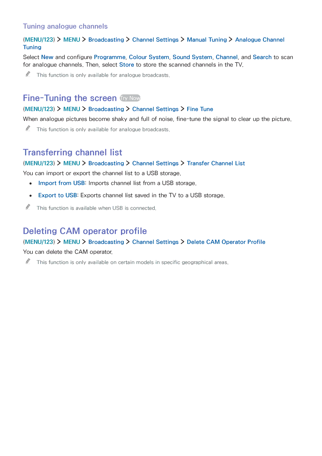 Samsung UE55J6240AKXZT manual Fine-Tuning the screen Try Now, Transferring channel list, Deleting CAM operator profile 