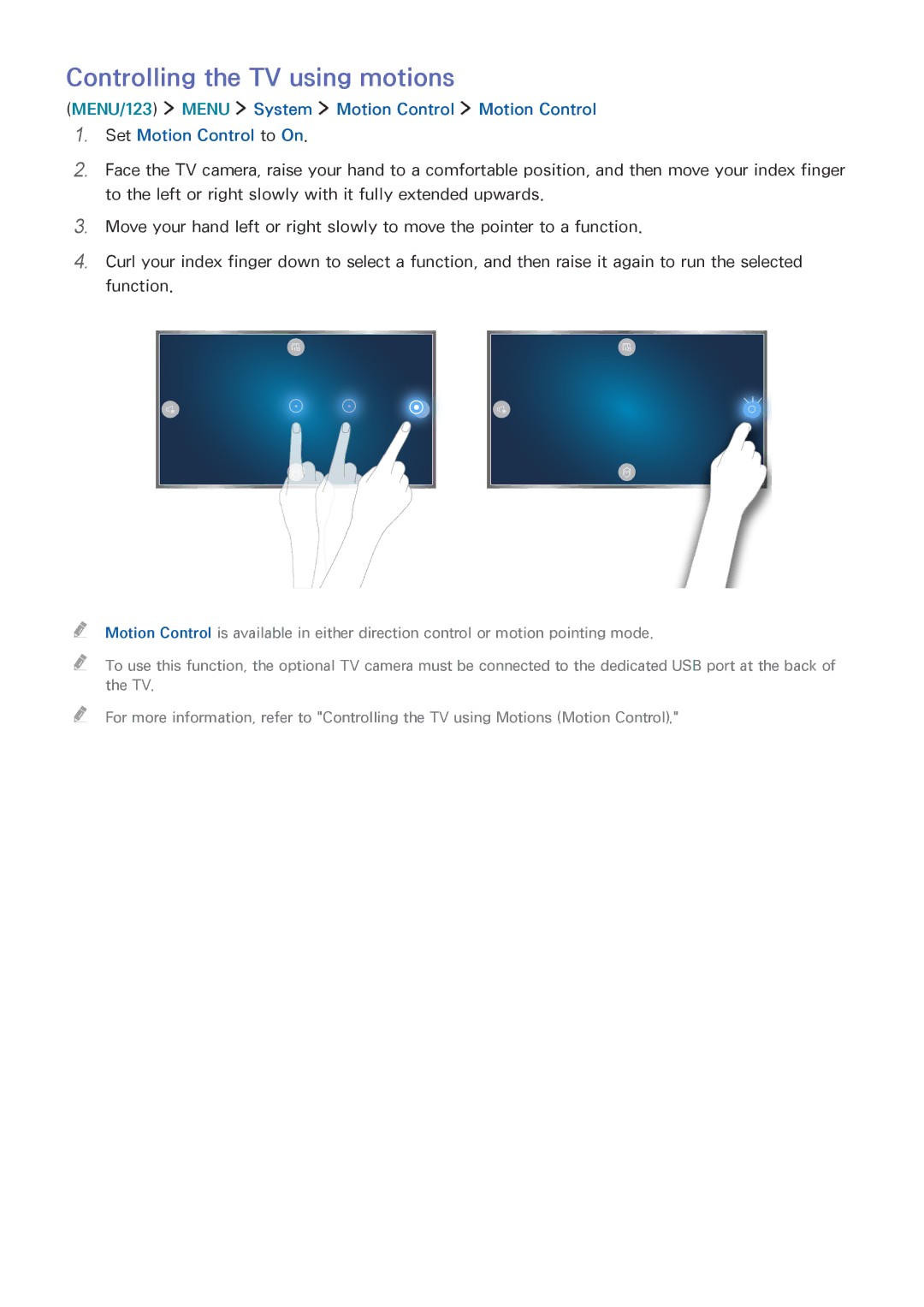 Samsung UE43J5670SUXZG, UE65J6299SUXZG, UE40J6250SUXZG, UE40J6289SUXZG, UE55J6289SUXZG manual Controlling the TV using motions 