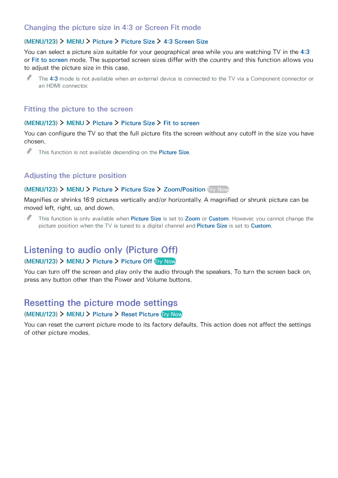 Samsung UE55J6300AKXZT, UE65J6299SUXZG manual Listening to audio only Picture Off, Resetting the picture mode settings 