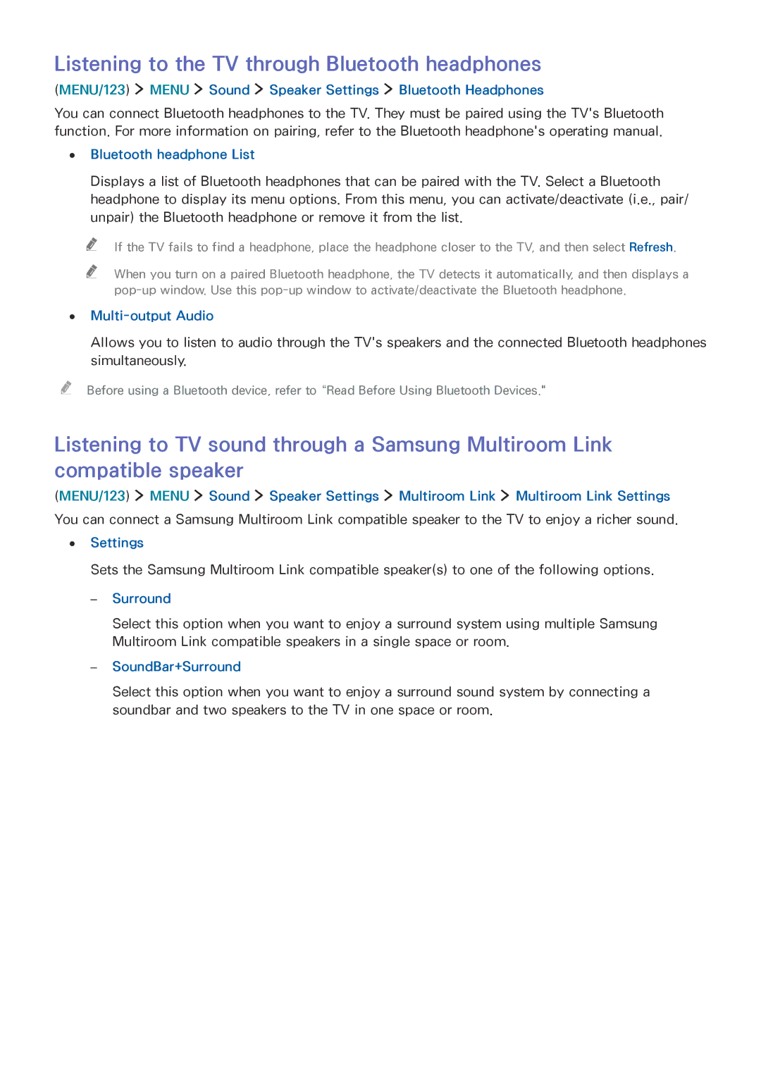 Samsung UE48J5600AWXXH, UE65J6299SUXZG, UE40J6250SUXZG, UE40J6289SUXZG manual Listening to the TV through Bluetooth headphones 