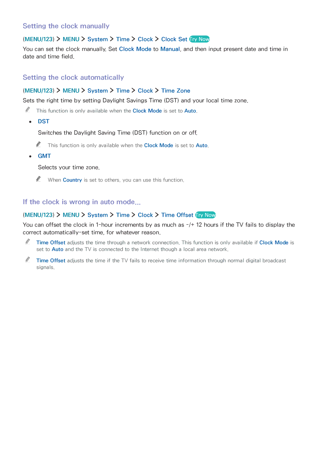 Samsung UE40J6370SUXXC Setting the clock manually, Setting the clock automatically, If the clock is wrong in auto mode 