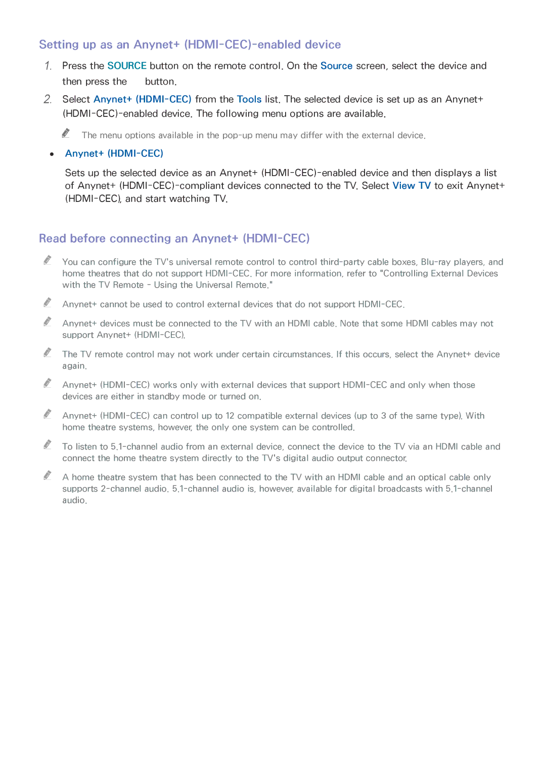 Samsung UE48J5600AKXXC manual Setting up as an Anynet+ HDMI-CEC-enabled device, Read before connecting an Anynet+ HDMI-CEC 