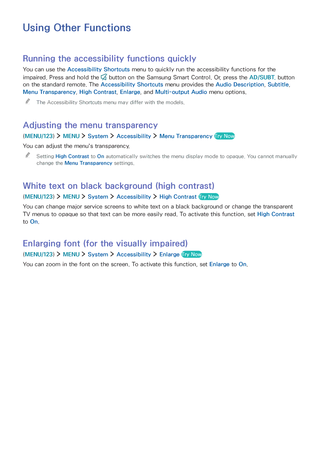 Samsung UE40J5500AKXXC Using Other Functions, Running the accessibility functions quickly, Adjusting the menu transparency 