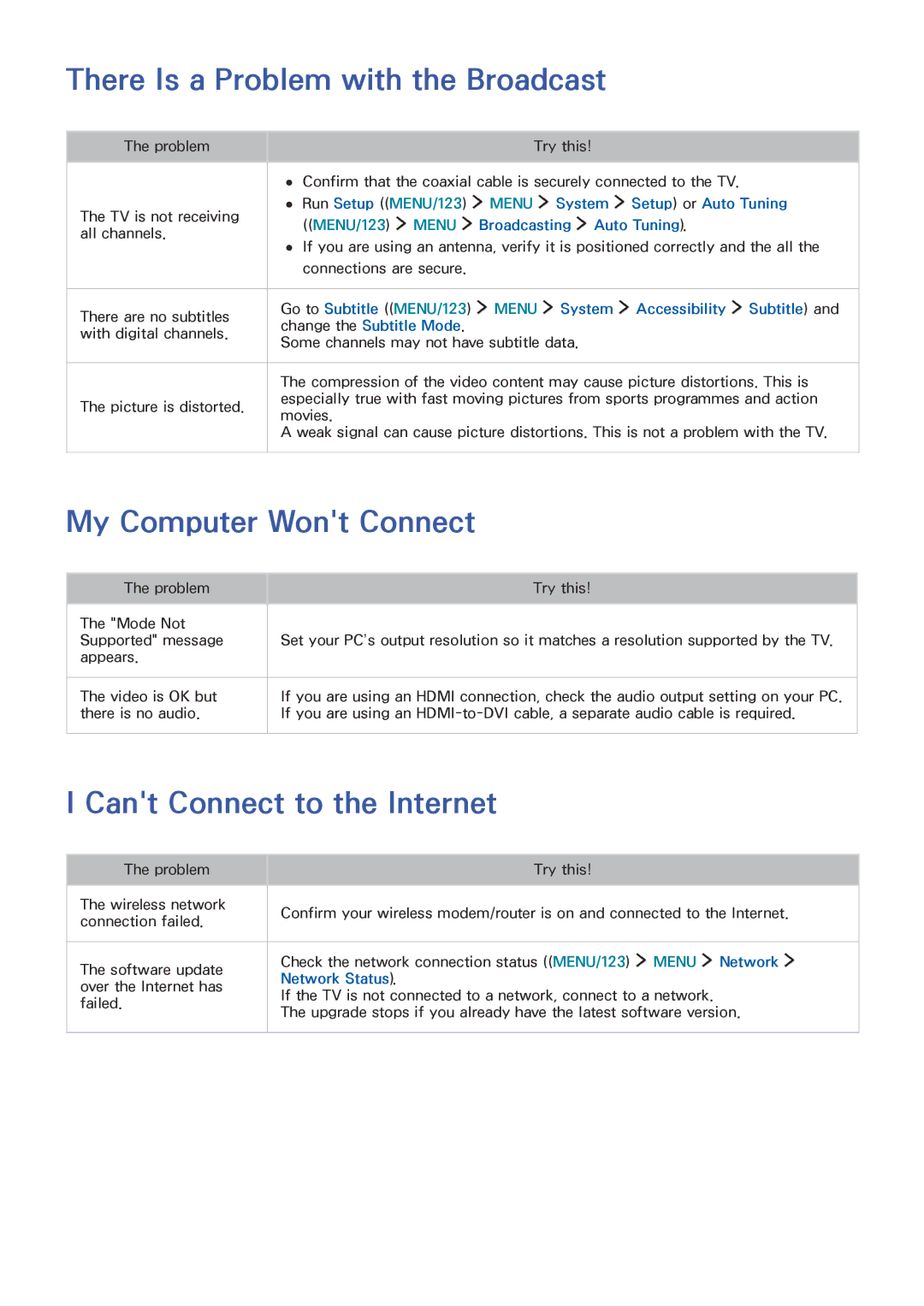 Samsung UE55J6200AKXXC manual There Is a Problem with the Broadcast, My Computer Wont Connect, Cant Connect to the Internet 