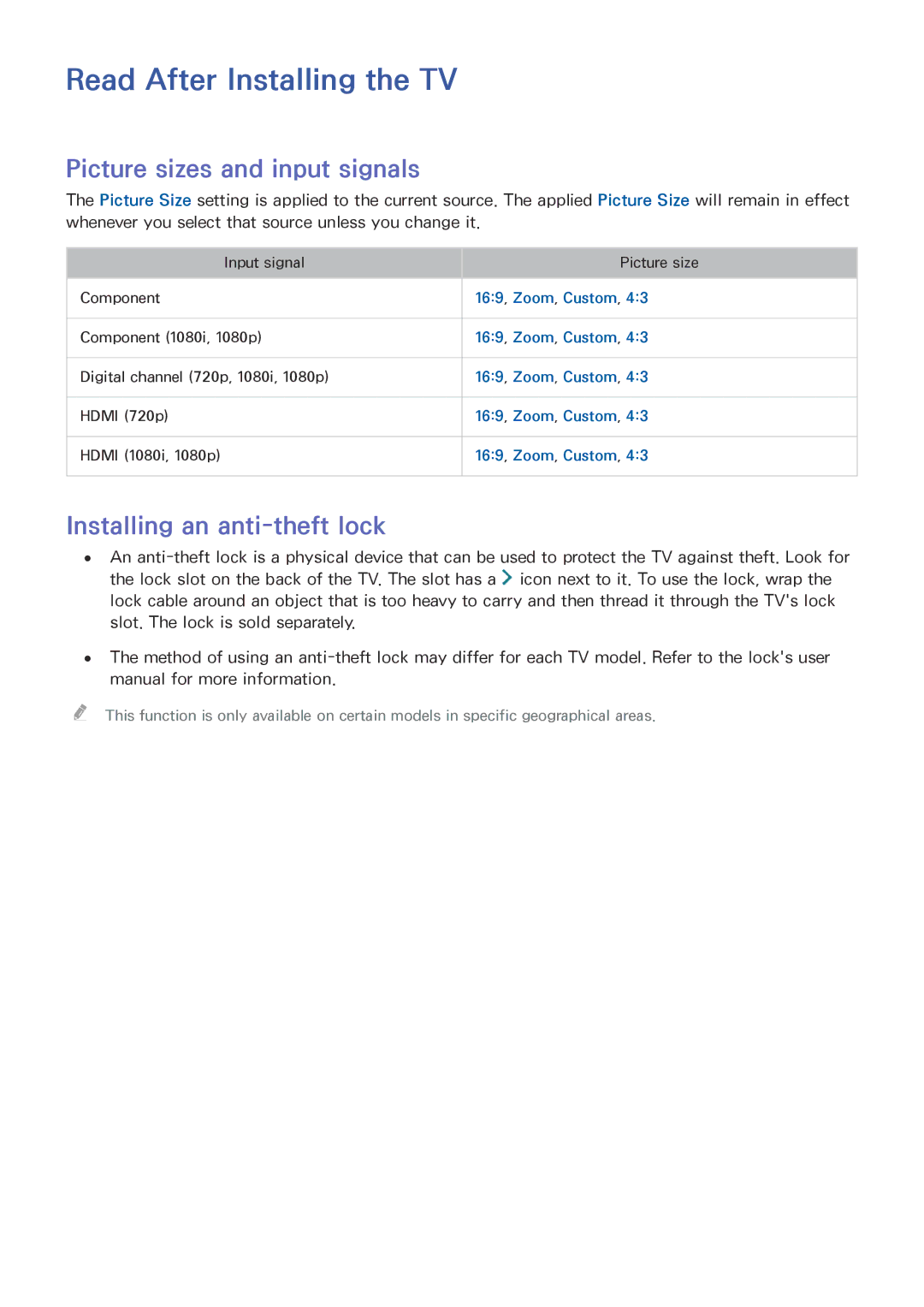 Samsung UE60J6202AKXXH manual Read After Installing the TV, Picture sizes and input signals, Installing an anti-theft lock 