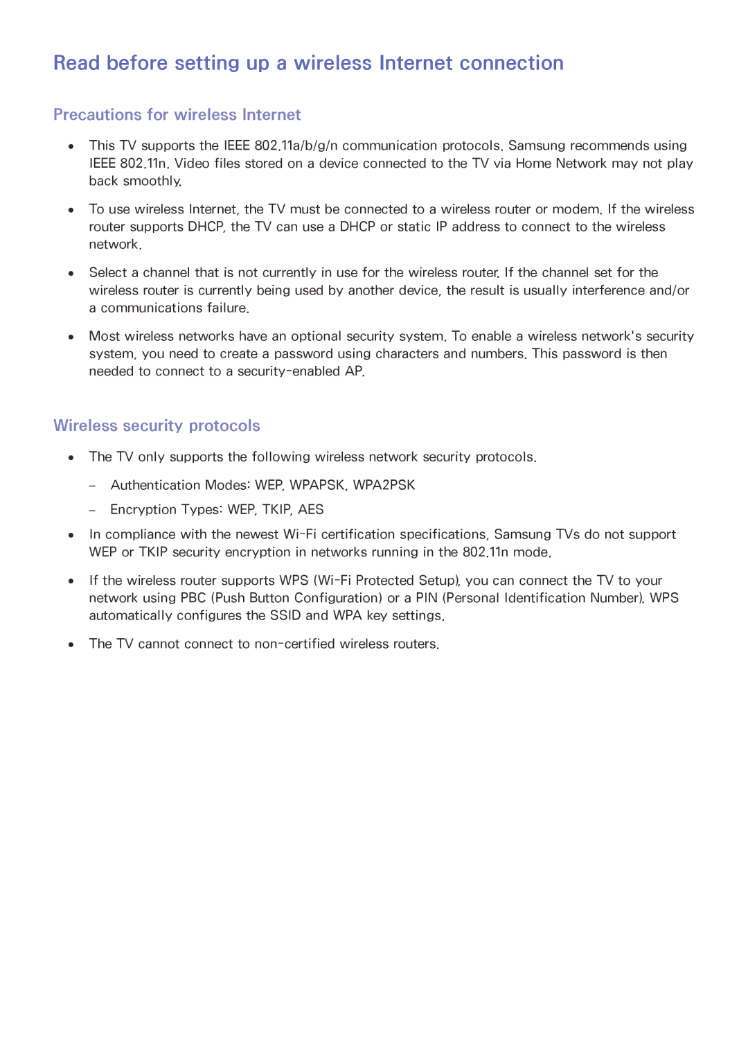 Samsung UE48J6302AKXXH manual Read before setting up a wireless Internet connection, Precautions for wireless Internet 