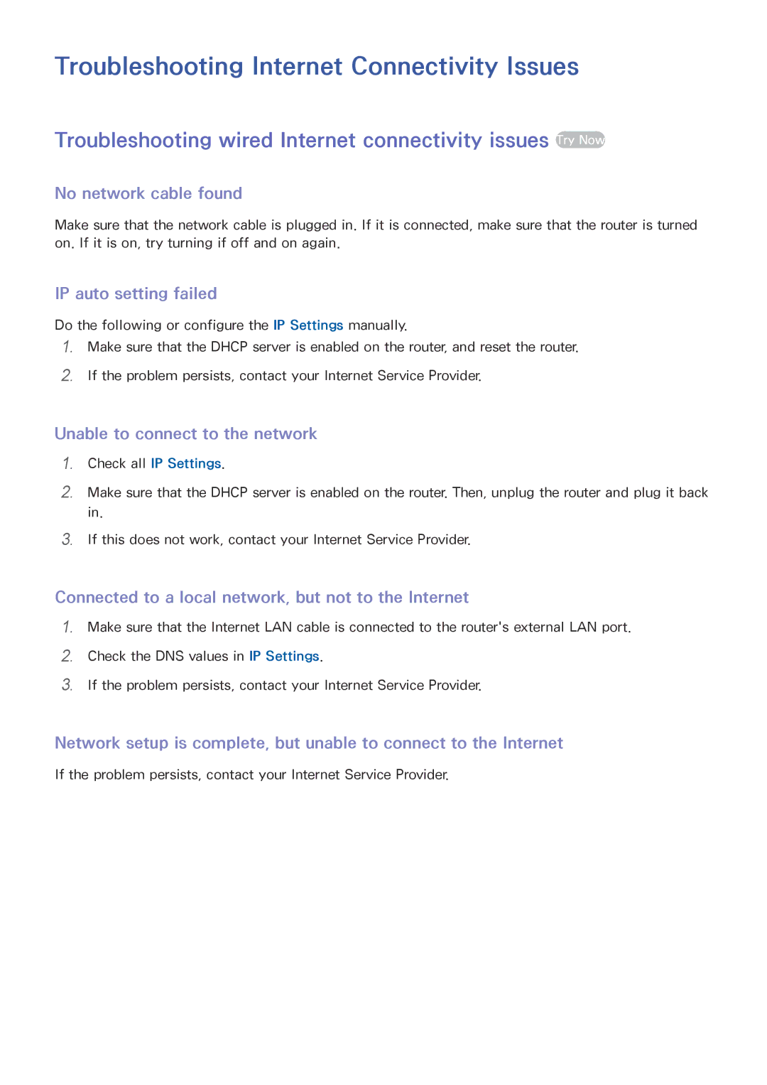 Samsung UE32J6350SUXZG, UE65J6299SUXZG, UE40J6250SUXZG, UE40J6289SUXZG manual Troubleshooting Internet Connectivity Issues 