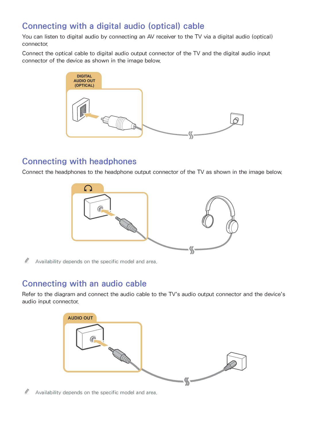 Samsung UE48J6370SUXXH, UE65J6299SUXZG manual Connecting with a digital audio optical cable, Connecting with headphones 