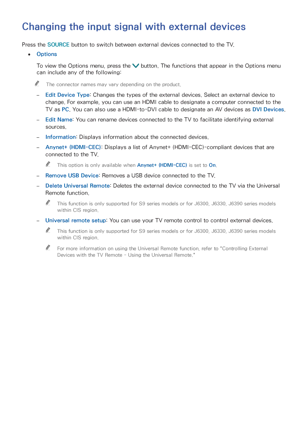Samsung UE48J6300AKXXC, UE65J6299SUXZG, UE40J6250SUXZG, UE32S9AUXZG Changing the input signal with external devices, Options 