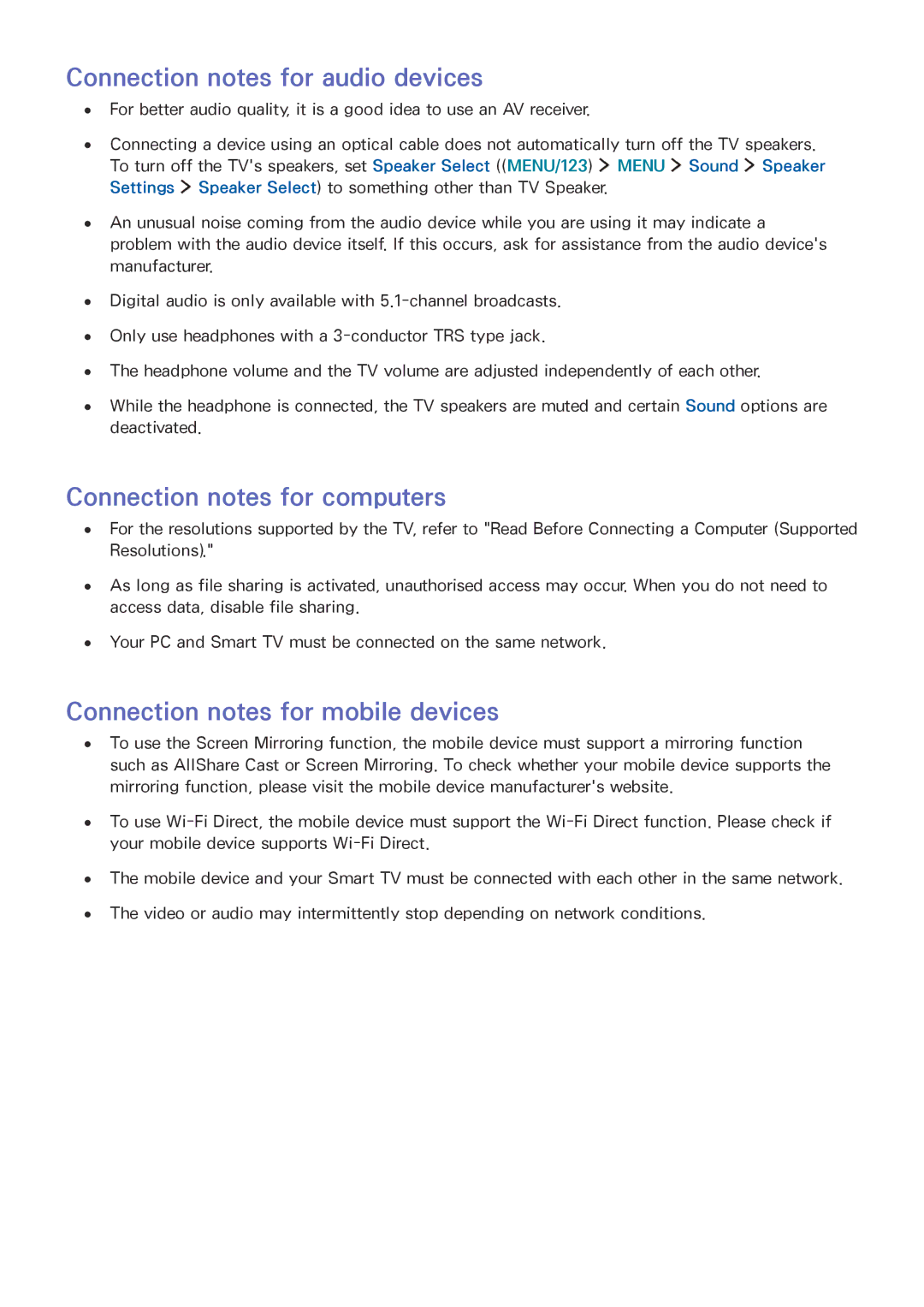 Samsung UE40J6300AWXXH, UE65J6299SUXZG, UE40J6250SUXZG Connection notes for audio devices, Connection notes for computers 