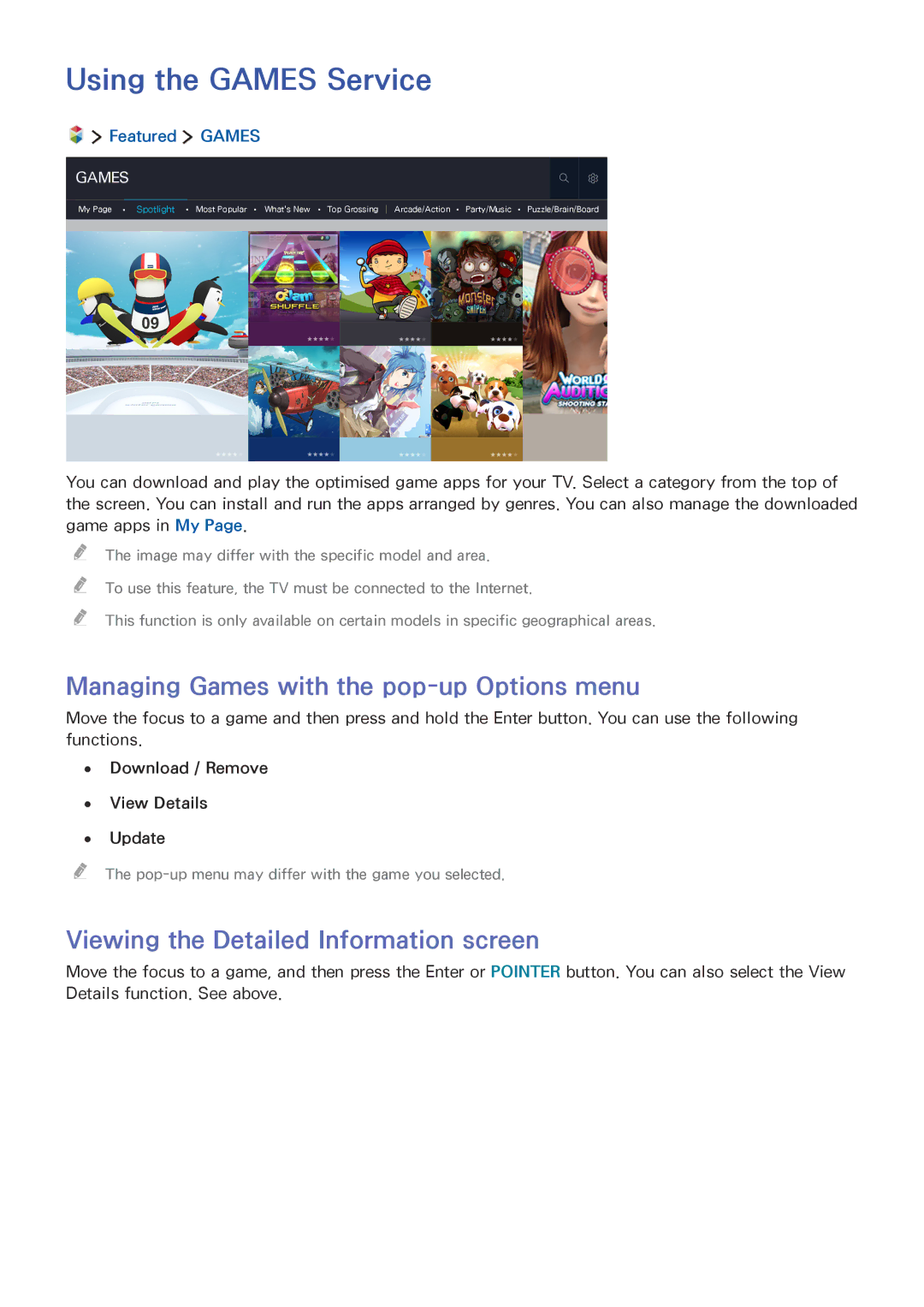 Samsung UE32J5600AWXXH, UE65J6299SUXZG manual Using the Games Service, Managing Games with the pop-up Options menu, Featured 