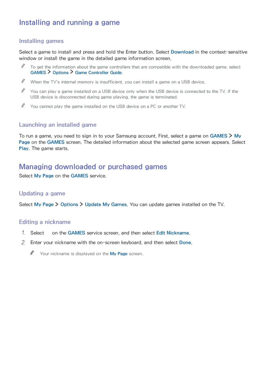 Samsung UE55J6370SUXZG, UE65J6299SUXZG, UE32S9AUXZG Installing and running a game, Managing downloaded or purchased games 
