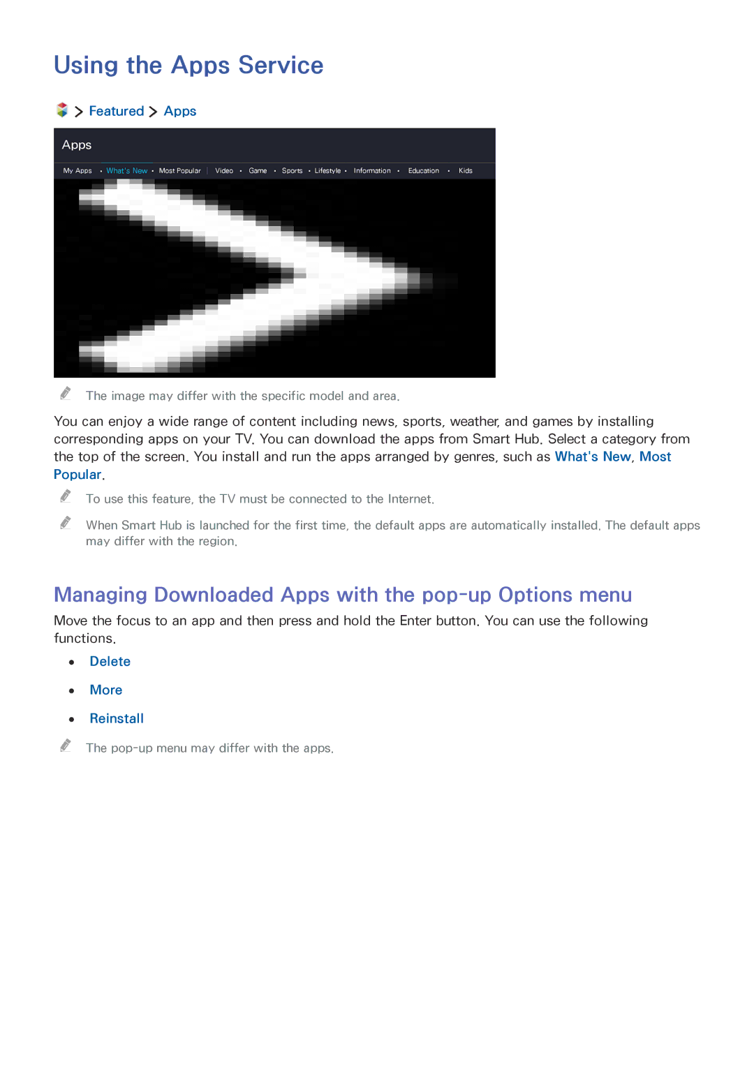 Samsung UE55J5670SUXZG manual Using the Apps Service, Managing Downloaded Apps with the pop-up Options menu, Featured Apps 