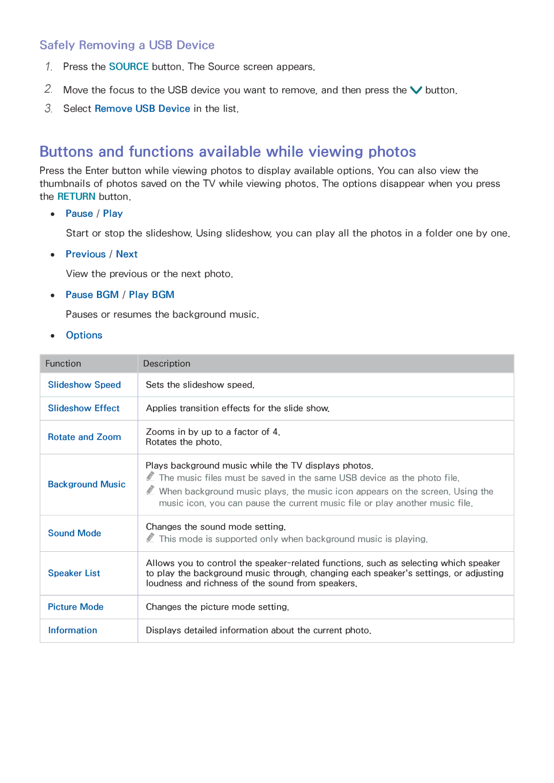 Samsung UE48J6270SUXTK Buttons and functions available while viewing photos, Safely Removing a USB Device, Pause / Play 