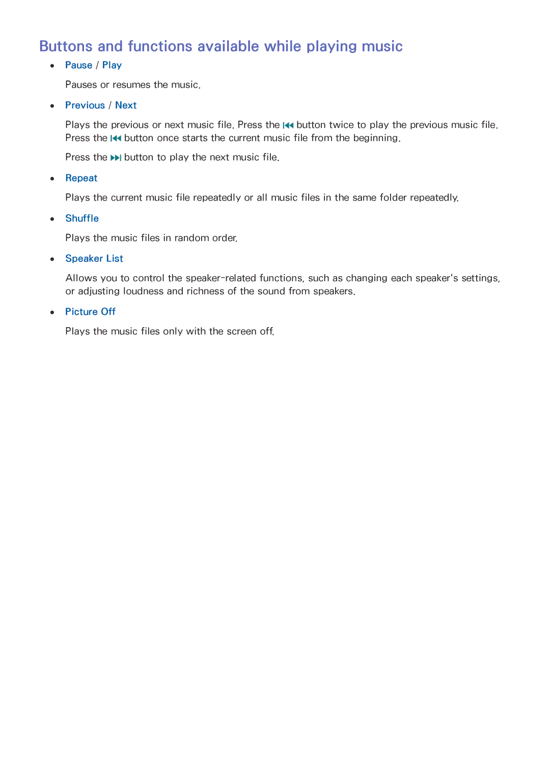 Samsung UE40J5580SUXZG manual Buttons and functions available while playing music, Shuffle, Speaker List, Picture Off 