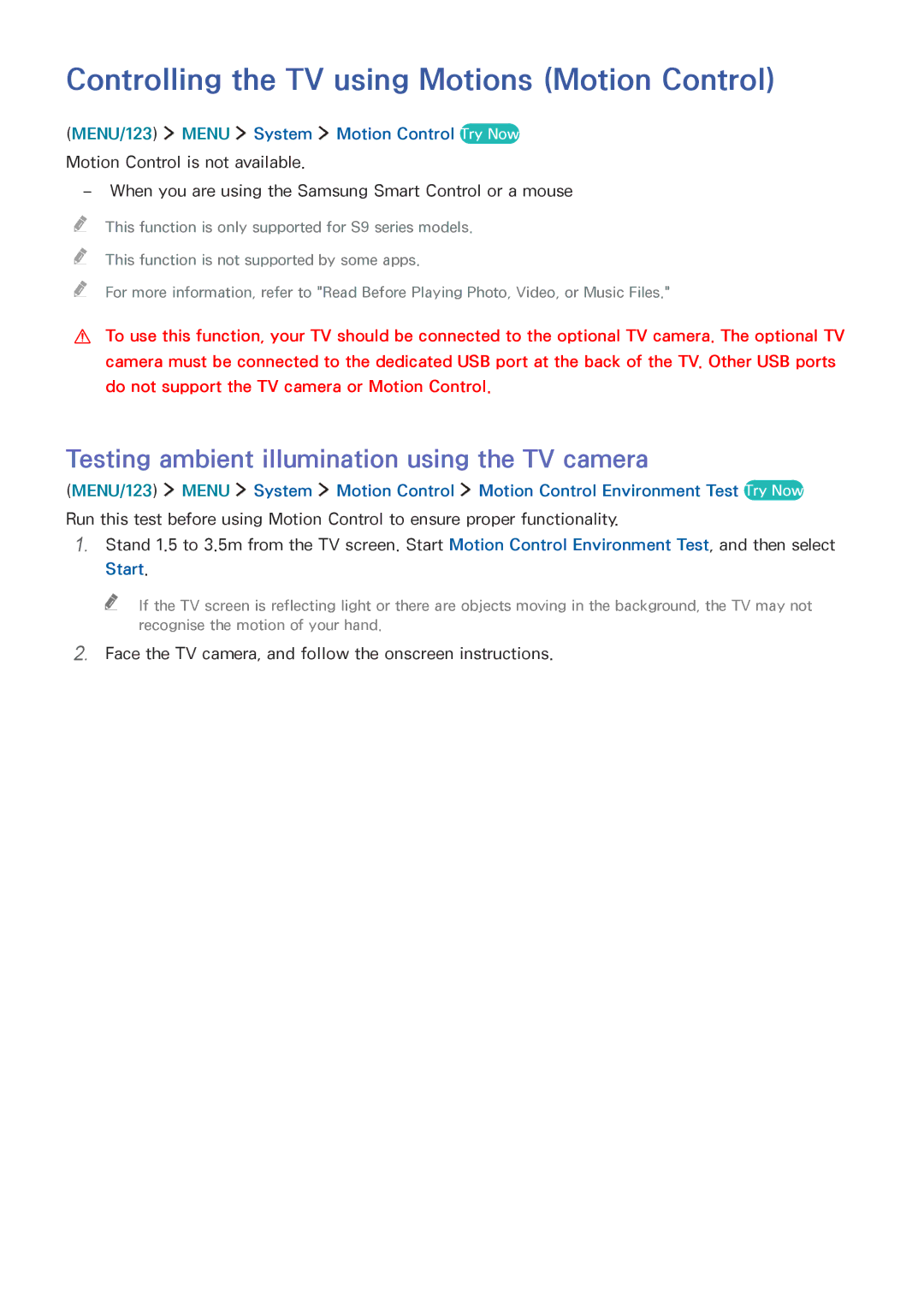 Samsung UE40J5510AWXZF Controlling the TV using Motions Motion Control, Testing ambient illumination using the TV camera 