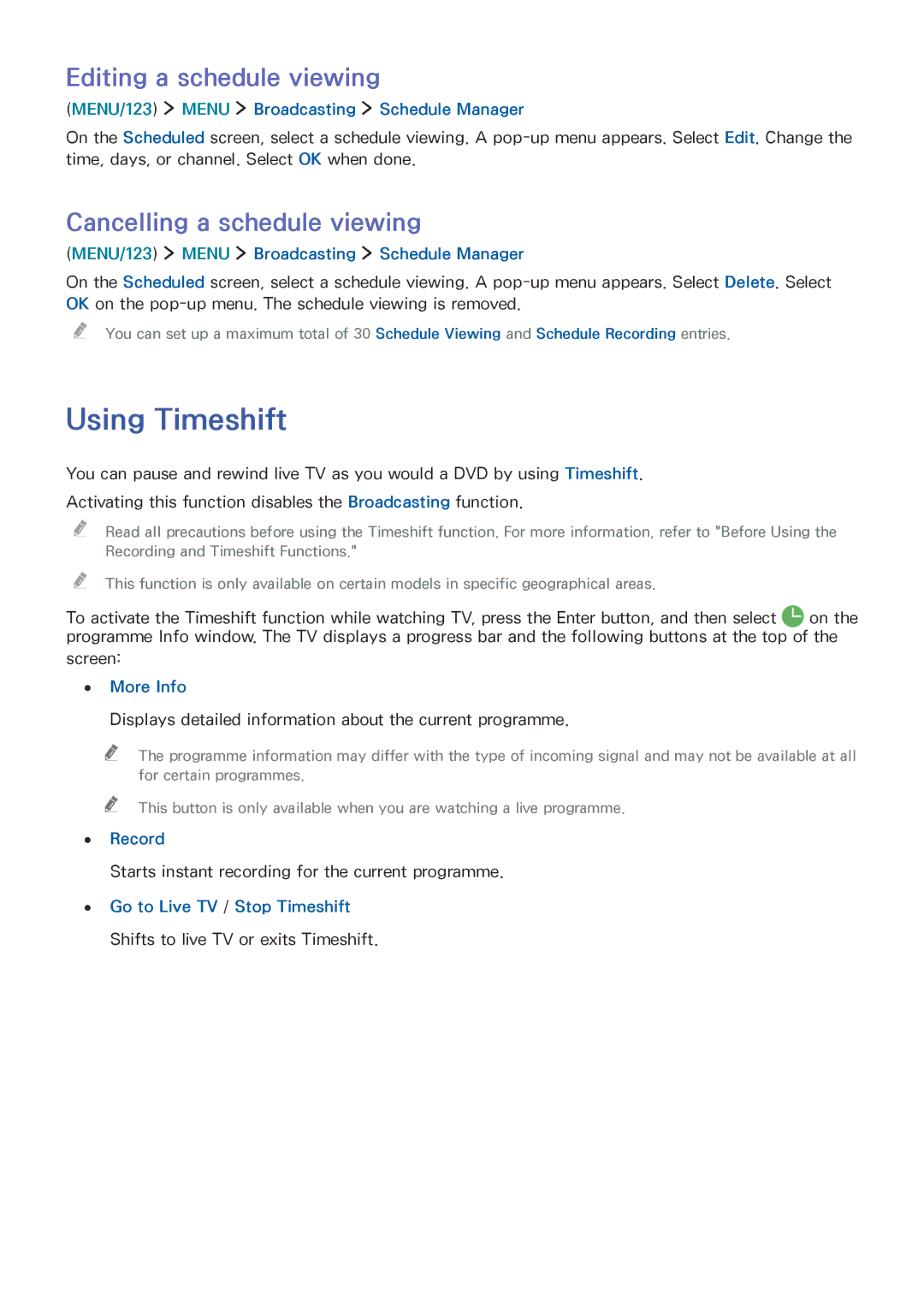 Samsung UE48J6200AWXZF, UE65J6299SUXZG Using Timeshift, Editing a schedule viewing, Cancelling a schedule viewing, Record 